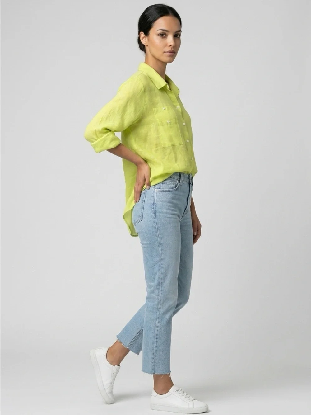 IC COLLECTION CONNIE K SHEER LIME BUTTON DOWN FLOWY ARTIST TOP SZ 3X - Picture 4 of 5